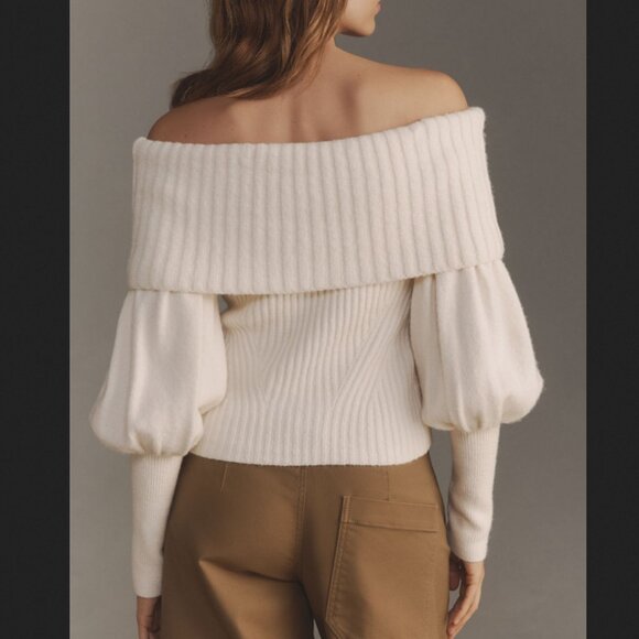 🤍✨ Anthropologie Tessa Off-The-Shoulder Cream Sweater Puff Balloon Sleeves M - Picture 2 of 13